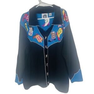 HSN Storybook Knits Cowgirl Western Theme Busy Cardigan Sweater Sz 2XL